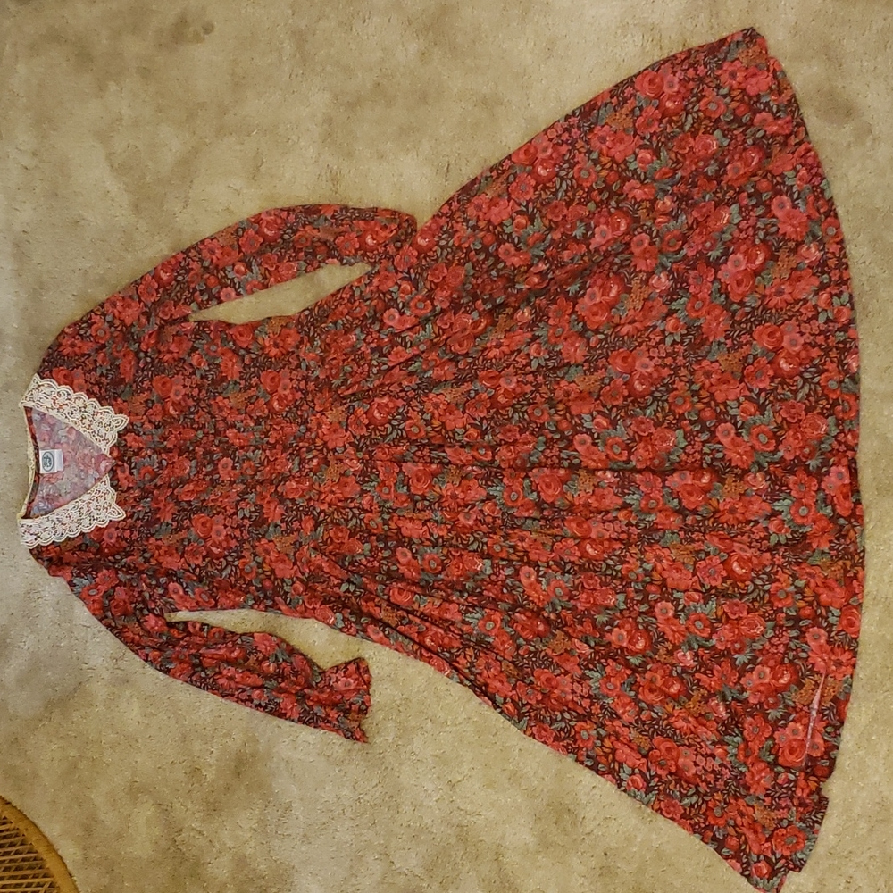 Vintage Laura Ashley Boho Cottage Core Maxi Dress Red Floral